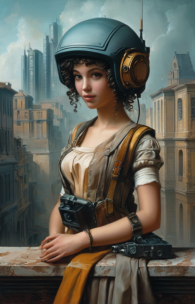 masterpiece,best quality,<lora:tbh152-sdxl:0.8>,illustration,style of Élisabeth Vigée-Lebrun cyberpunk city